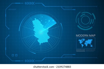 Tecnología de cuadro digital Mapa del vector de radar de Serbia HUD, GUI, interfaz de interfaz de usuario.