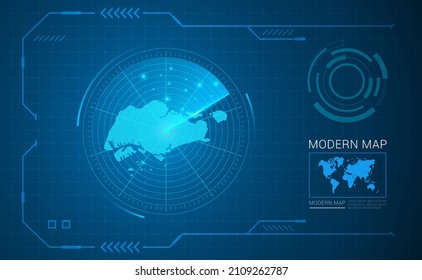 Digital frame technology Map of Singapore radar vector HUD, GUI, UI interface.