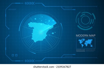 Digital frame technology Map of Spain radar vector HUD, GUI, UI interface.