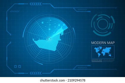 Digital frame technology Map of United Arab Emirates radar vector HUD, GUI, UI interface.