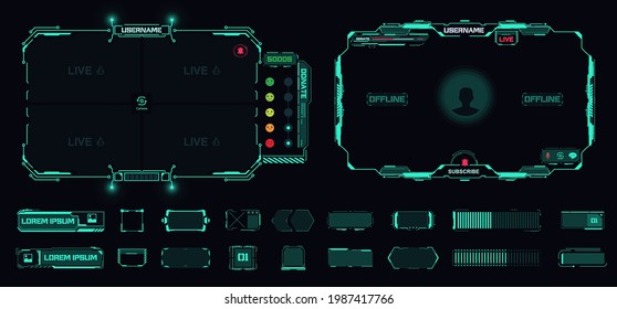 Digital Frame Technology UI,UX Futuristic HUD, FUI, Virtual Interface. A Design Template For A Set Of Frames , Buttons, And Overlay Cursors For Game Streaming. Futuristic Info Boxes Layout Templates.