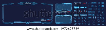 Digital frame technology UI,UX Futuristic HUD, FUI, Virtual Interface. A design template for a set of frames , buttons, and overlay cursors for game streaming. Futuristic info boxes layout templates.