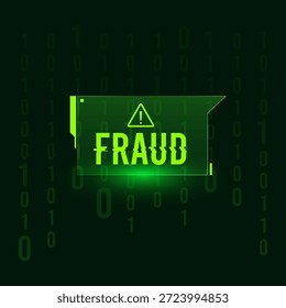 Notificação de alerta de fraude digital em fundo verde-escuro com código binário. Conceito de segurança cibernética para aviso de fraude on-line, ameaça de hackers e reconhecimento de proteção de dados para tecnologia profissional. Fraude por cibercrime