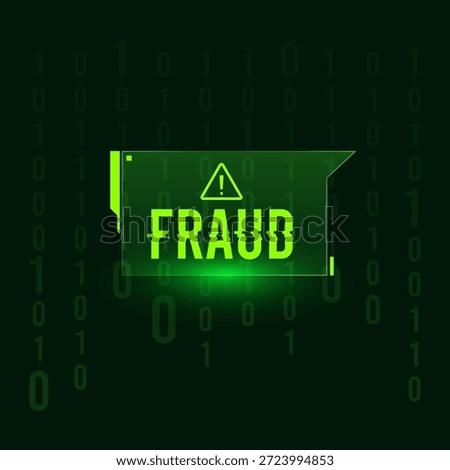 Digital fraud alert notification on dark green background with binary code. Cyber security concept for online scam warning, hacking threat, and data protection awareness for professional tech. Cyber crime fraud
