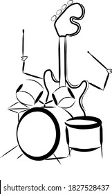 Digital freehand drawing in black and white representing an electric bass playing a drum set