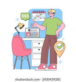 Digital freelancer setup. Enthusiastic young man showcasing his website project, with revenue insights, nearby calendar, and task completion icon. Earning online made vibrant. Flat vector illustration