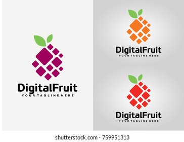 Digital Fruit Logo Template Design. Creative Vector Emblem for Icon or Design Concept