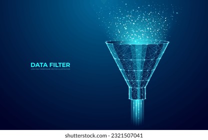 Flujo de datos de embudo y resumen digital en fondo azul Techno. Concepto de marketing y análisis. Filtro poligonal bajo en puntos, líneas, formas y polígonos conectados. Ilustración 3D del vector moderno. 