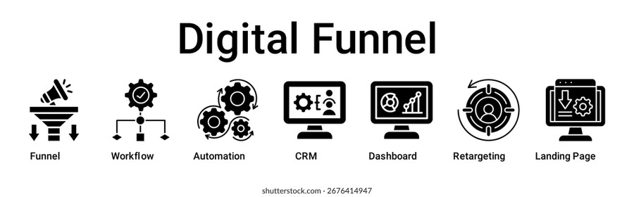 Digital Funnel banner web icon vector illustration concept for business with icon of Funnel, Workflow, Automation, CRM, Dashboard, Retargeting, Landing .