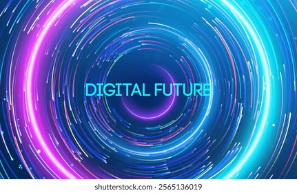 Digital future illuminated by radiant neon swirls and dynamic energy patterns. Big data and data science integration with advanced technology and artificial intelligence concepts.