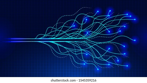 Digital future wave in cyberspace with grid for demonstration AI technology. Futuristic background vector for web. Tiny particles are flowing, leaving a trails. They are coming from a sparkling line.