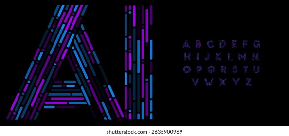 Digital Futuristic Alphabet, Abstract Linear Font with Neon Glowing Strokes for AI Tech Startup Logo, Artificial Intelligence Data Science, Machine Learning and Cyber Security. Vector Typeset.