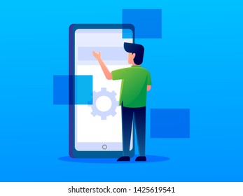 digital futuristic analytics hologram developer character. development website and application vector design illustration.