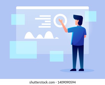 digital futuristic analytics hologram working character vector design illustration