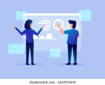 digital futuristic analytics hologram working character vector design illustration. technology business team management