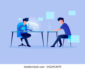 digital futuristic analytics hologram working character vector design illustration. technology business team management