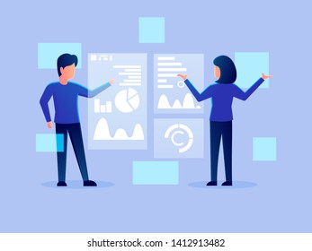 digital futuristic analytics hologram working character vector design illustration. technology business team management