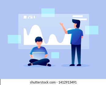 digital futuristic analytics hologram working character vector design illustration. technology business team management