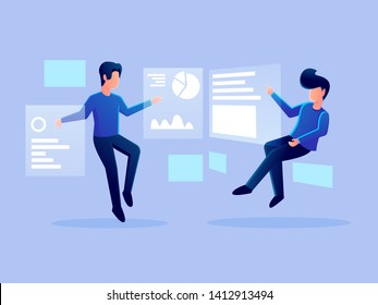 digital futuristic analytics hologram working character vector design illustration. technology business team management