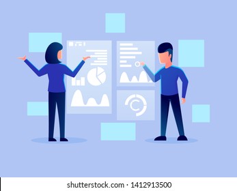 digital futuristic analytics hologram working character vector design illustration. technology business team management