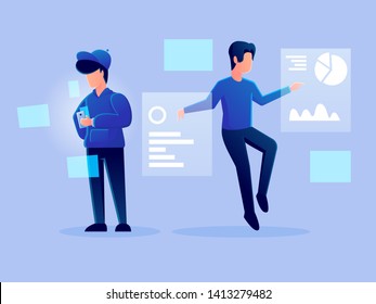 digital futuristic analytics hologram working character vector design illustration. technology business team management