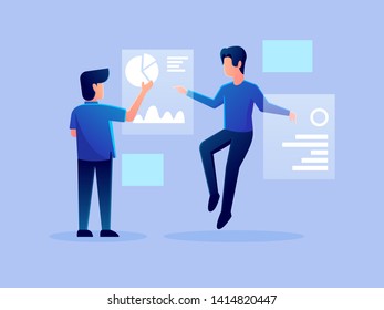 digital futuristic analytics hologram working character vector design illustration. technology business team management