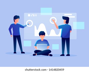 digital futuristic analytics hologram working character vector design illustration. technology business team management