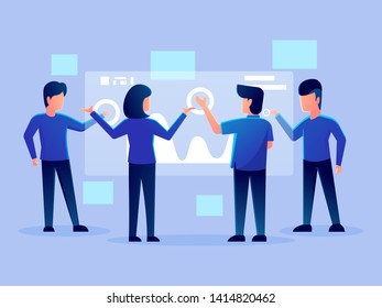 digital futuristic analytics hologram working character vector design illustration. technology business team management