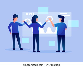 digital futuristic analytics hologram working character vector design illustration. technology business team management