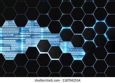 Digital futuristic background, abstract vector illustration . Including neon glow , binary code, hexagons . Used clipping mask.