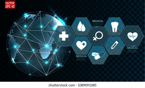 Digital Futuristic Background with Globe Map Connected with Modern Technologies. Health Care Concept. Vector Illustration 