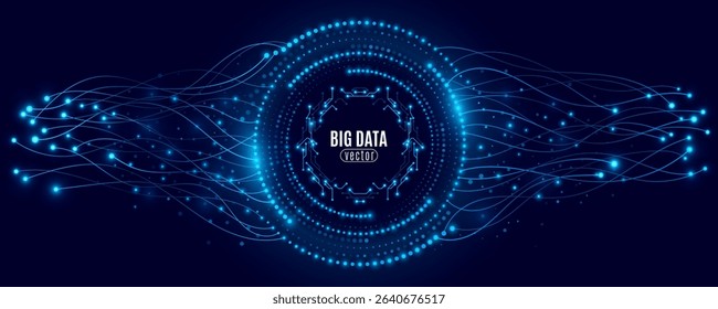 Digital futuristic background visualizing the concept of big data and data flow for Technology banner. Glowing blue lines and particle streams form a symmetrical wave pattern. Vector illustration.