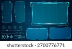Digital futuristic HUD dashboard set with neon blue glowing frames, modern interface panels, and sci-fi technology display elements.