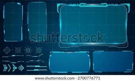 Digital futuristic HUD dashboard set with neon blue glowing frames, modern interface panels, and sci-fi technology display elements.