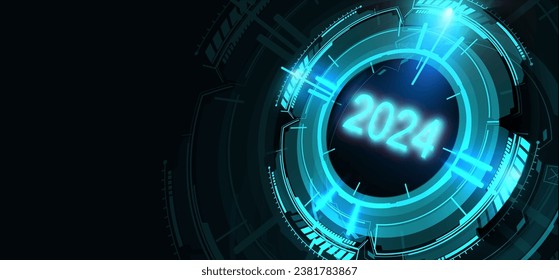 Digital Futuristic Interface Displaying Year 2024, Advanced Technological Circular HUD with Illuminating Neon Elements. Hi-tech numbers.  Vector illustration graphic template