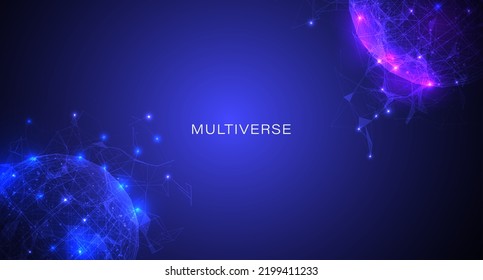 Digital futuristic multiverse planet low poly wireframe vector. Abstract blue vs purple sphere mesh line geometric concept illustration.