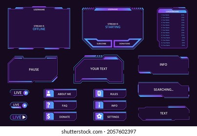 Digital futuristic ui panels and buttons, game live stream. Neon HUD frames, leaderboard, menu and bars for video streaming show vector set. High tech interface or display isolated elements