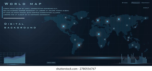 Digital Futuristic World Map with Glowing Connection Points and Data Charts, Global Technology and Network Background