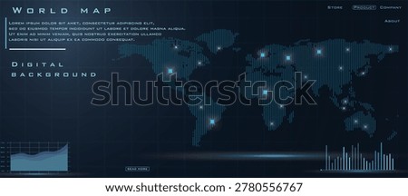 Digital Futuristic World Map with Glowing Connection Points and Data Charts, Global Technology and Network Background