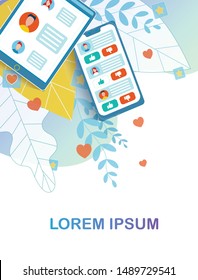 Digital Gadget with Open Social Chart Network App on Screens. Tablet and Phone over Foliage and Like, Rating Stars Icons. Media Mobile Application. Communication Technology. Vector Flat Illustration