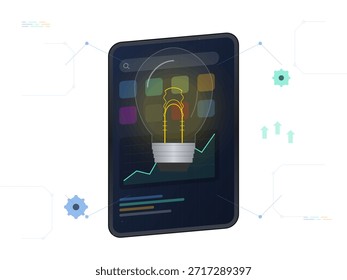 Un gadget digital muestra una bombilla en una pantalla junto con iconos y gráficos coloridos. Representa ideas y datos en un entorno tecnológico durante el día.
