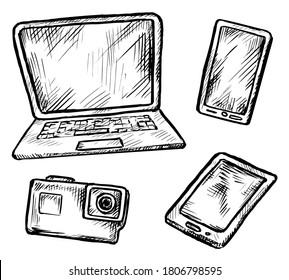 Digital gadget sketch. Smartphone, laptop computer, portable tablet electronic device and photo camera. Modern digital gadget sketch hand drawn doodle illustration. Vector set isolated on white