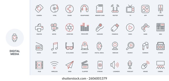 Digital gadgets and entertainment devices, music line icon set. Search for video content, podcast and stream in mobile app, 3D glasses, speakers thin black and red outline symbols vector illustration