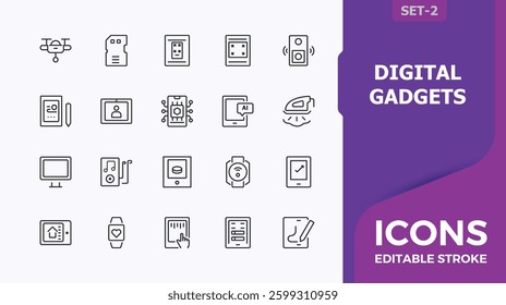 Digital Gadgets icon set in linear style. Contains such icon as hardware, technology, device, smart gadget, phone and more. Tech Gadgets icon set. Minimal icons pack. Editable vector art.