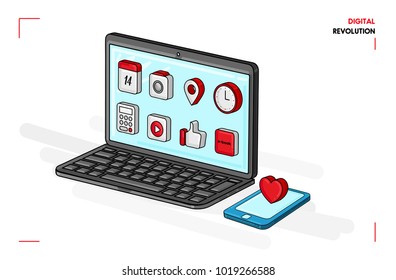 Digital gadgets with icons of different applications, 3d isometric illustration, laptop and mobile phone, colored line graphic composition