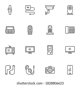 Digital gadgets line icons set, electronic devices outline vector symbol collection, linear style pictogram pack. Signs, logo illustration. Set includes icons as security camera, telephone fax, tv set