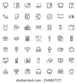 Digital Gadgets line icons set. linear style symbols collection, outline signs pack. Digital devices vector graphics. Set includes icon as PC computer monitor, laptop, camera, smartphone, hardware usb