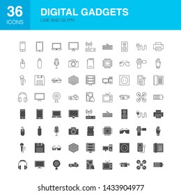 Digital Gadgets Line Web Glyph Icons. Vector Illustration of Technology Outline and Solid Symbols. 