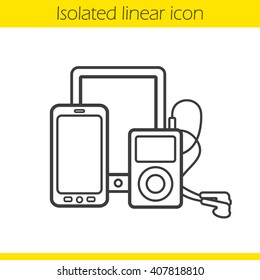 Digital gadgets linear icon. Tablet pc, smartphone and mp3 player with earphones. Multimedia electronic devices thin line illustration. Contour symbol. Vector isolated outline drawing