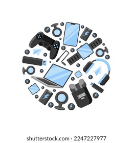 digital gadgets, modern electronics items located in a circle-shaped template.vector flat cartoon graphics